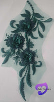 GREEN - Lace Applique Motif - 3D 3 Flower Feather Tail
