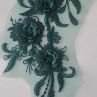 GREEN - Lace Applique Motif - 3D 3 Flower Feather Tail