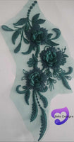 GREEN - Lace Applique Motif - 3D 3 Flower Feather Tail
