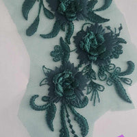 GREEN - Lace Applique Motif - 3D 3 Flower Feather Tail