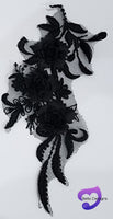 BLACK - Lace Applique Motif - 3D 3 Flower Feather Tail
