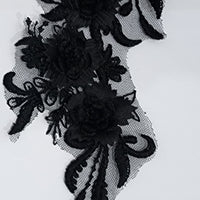 BLACK - Lace Applique Motif - 3D 3 Flower Feather Tail