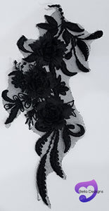 BLACK - Lace Applique Motif - 3D 3 Flower Feather Tail