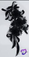 BLACK - Lace Applique Motif - 3D 3 Flower Feather Tail
