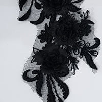 BLACK - Lace Applique Motif - 3D 3 Flower Feather Tail