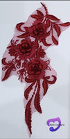 BURGUNDY - Lace Applique Motif - 3D 3 Flower Feather Tail
