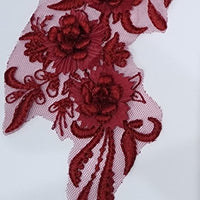 BURGUNDY - Lace Applique Motif - 3D 3 Flower Feather Tail