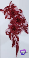 BURGUNDY - Lace Applique Motif - 3D 3 Flower Feather Tail
