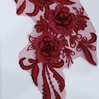 BURGUNDY - Lace Applique Motif - 3D 3 Flower Feather Tail