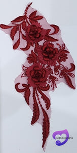 BURGUNDY - Lace Applique Motif - 3D 3 Flower Feather Tail