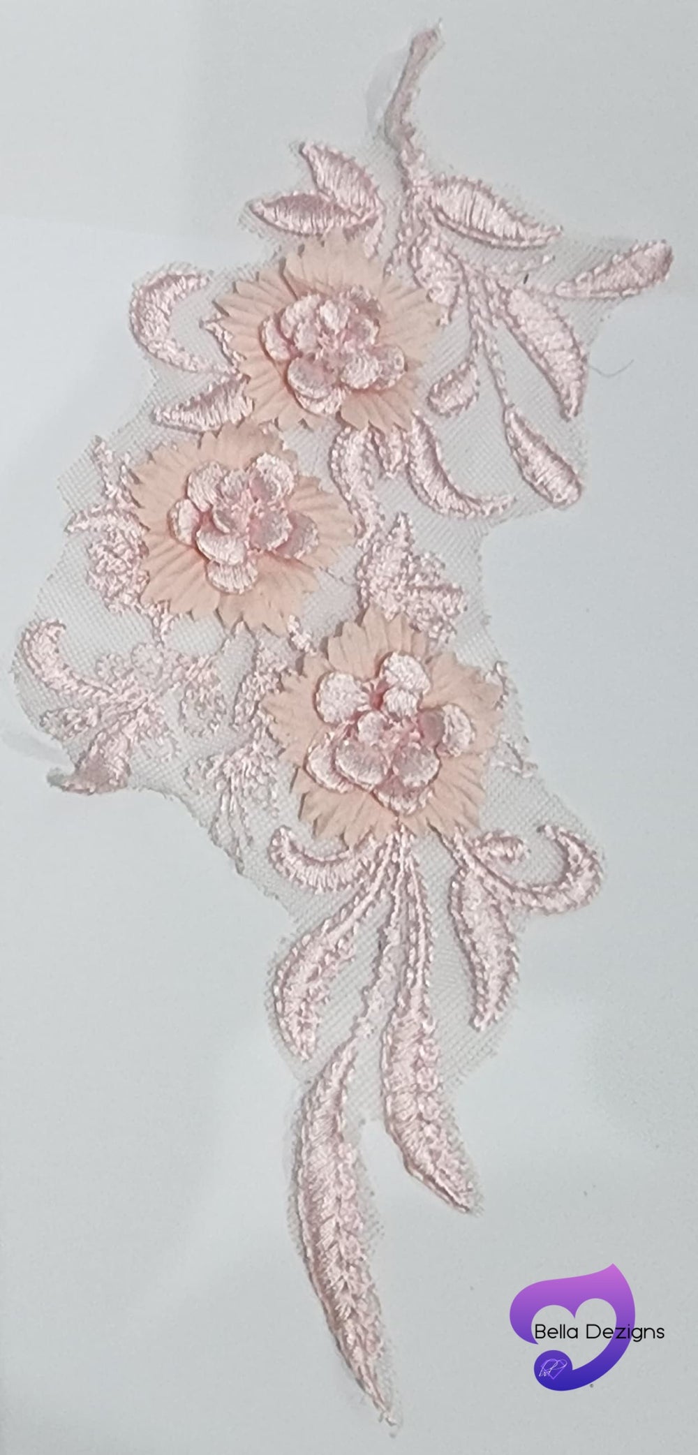 PINK - Lace Applique Motif - 3D 3 Flower Feather Tail