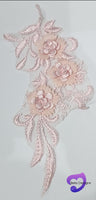 PINK - Lace Applique Motif - 3D 3 Flower Feather Tail
