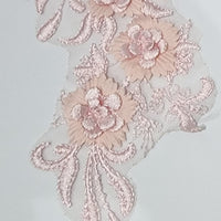 PINK - Lace Applique Motif - 3D 3 Flower Feather Tail