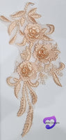 PEACH - Lace Applique Motif - 3D 3 Flower Feather Tail
