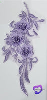 PURPLE - Lace Applique Motif - 3D 3 Flower Feather Tail
