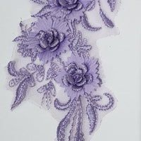 PURPLE - Lace Applique Motif - 3D 3 Flower Feather Tail