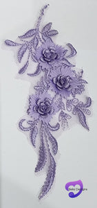 PURPLE - Lace Applique Motif - 3D 3 Flower Feather Tail