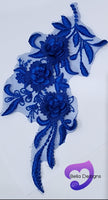 ROYAL BLUE - Lace Applique Motif - 3D 3 Flower Feather Tail
