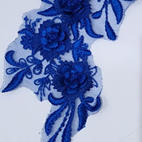 ROYAL BLUE - Lace Applique Motif - 3D 3 Flower Feather Tail