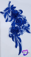 ROYAL BLUE - Lace Applique Motif - 3D 3 Flower Feather Tail
