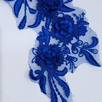 ROYAL BLUE - Lace Applique Motif - 3D 3 Flower Feather Tail