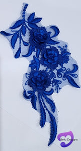 ROYAL BLUE - Lace Applique Motif - 3D 3 Flower Feather Tail