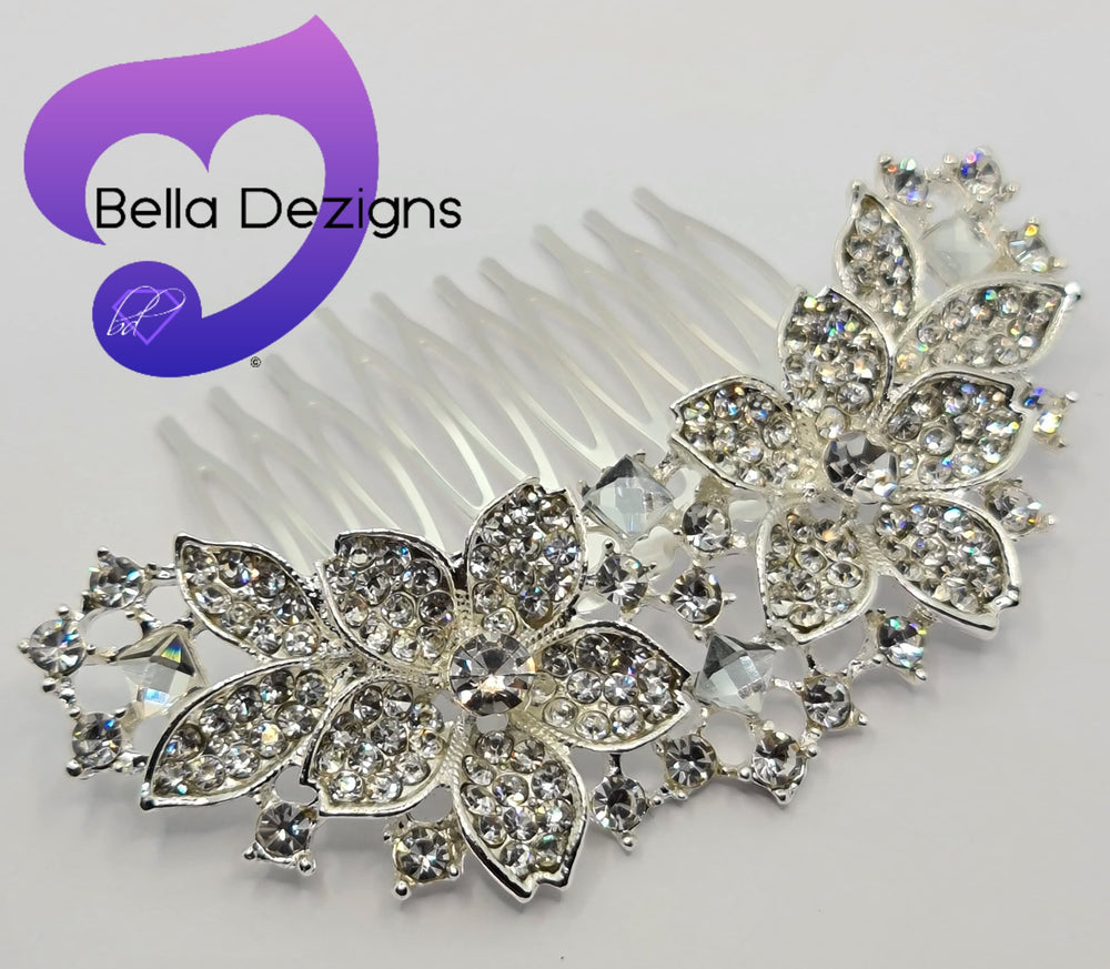 Diamante Hair Comb - Double Flower