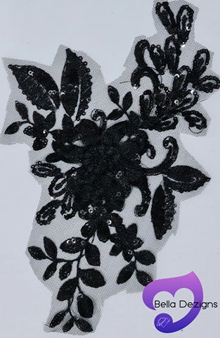 BLACK - Lace Applique Motif - 3D Sequined 1 Flower