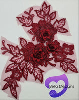 BURGUNDY - Lace Applique Motif - 3D 3 Flower
