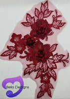 BURGUNDY - Lace Applique Motif - 3D 3 Flower
