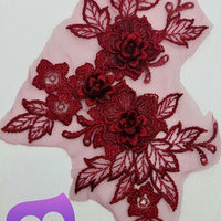 BURGUNDY - Lace Applique Motif - 3D 3 Flower