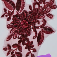 BURGUNDY - Lace Applique Motif - 3D Sequined 1 Flower