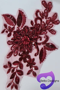 BURGUNDY - Lace Applique Motif - 3D Sequined 1 Flower