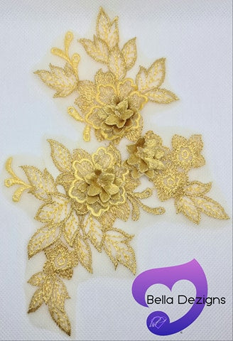 GOLD - Lace Applique Motif - 3D 3 Flower