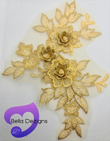 GOLD - Lace Applique Motif - 3D 3 Flower
