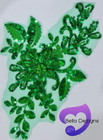 GREEN - Lace Applique Motif - 3D Sequined 1 Flower