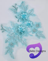 LAKE BLUE - Lace Applique Motif - 3D 3 Flower
