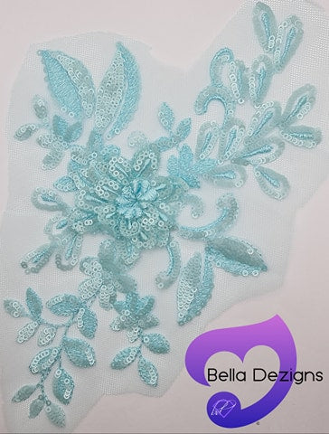 LIGHT BLUE - Lace Applique Motif - 3D Sequined 1 Flower