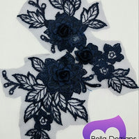 NAVY BLUE - Lace Applique Motif - 3D 3 Flower