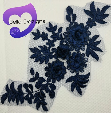 NAVY BLUE - Lace Applique Motif - 3D 4 Flower