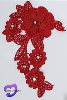 RED - Lace Applique Motif - 3D 5 Flower Pearl
