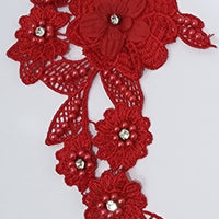 RED - Lace Applique Motif - 3D 5 Flower Pearl