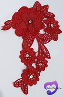 RED - Lace Applique Motif - 3D 5 Flower Pearl
