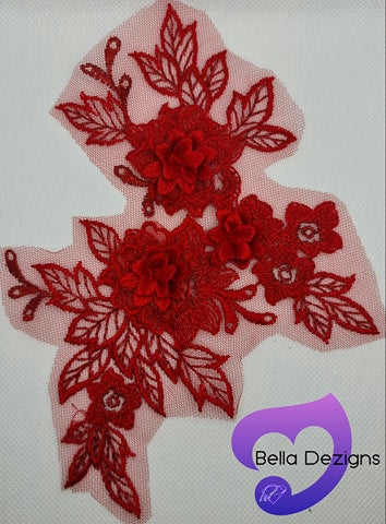 RED - Lace Applique Motif - 3D 3 Flower