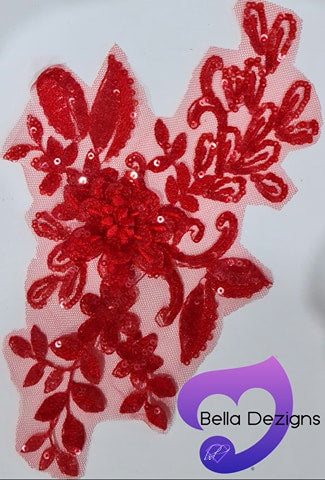 RED - Lace Applique Motif - 3D Sequined 1 Flower