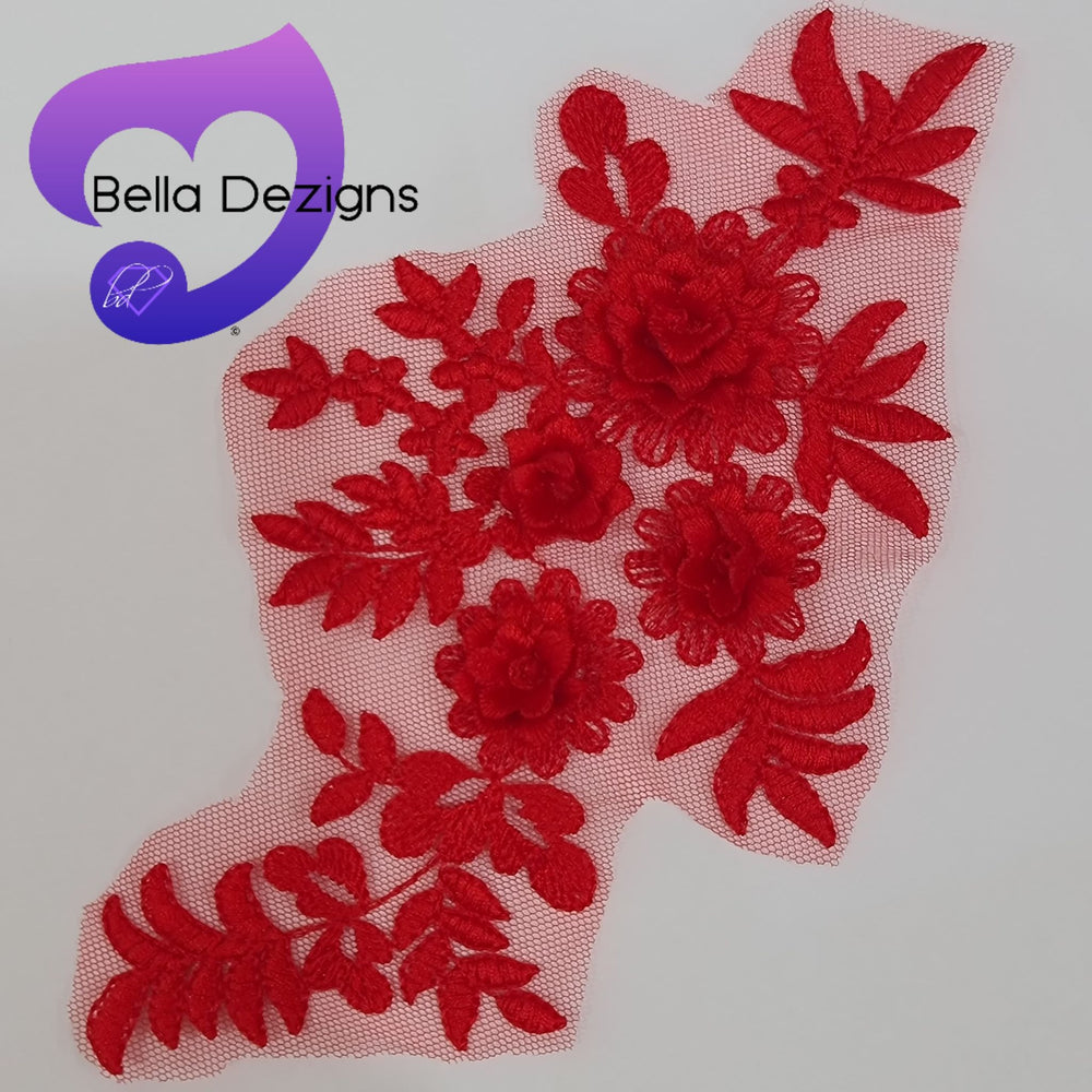 RED - Lace Applique Motif - 3D 4 Flower