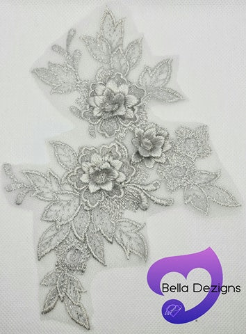 SILVER - Lace Applique Motif - 3D 3 Flower