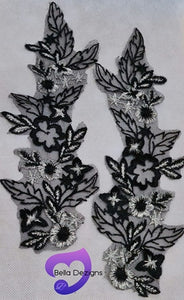 BLACK - Lace Applique Motifs - Leaf Sparkle